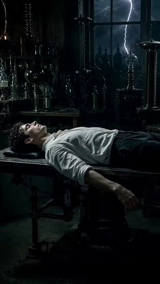 A Frankenstein-inspired figure lying on a table in a dark laboratory.