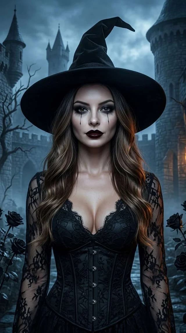 A woman wearing a black witch hat in a moonlit forest.