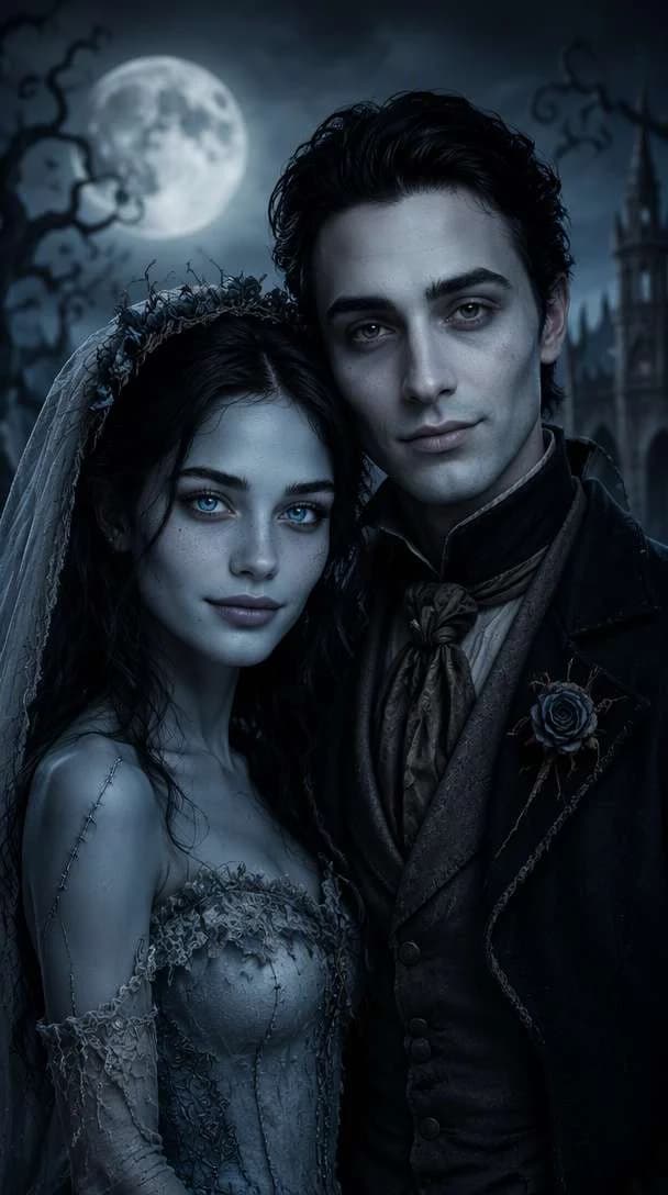 A gothic Halloween couple posing together in dark wedding costumes.