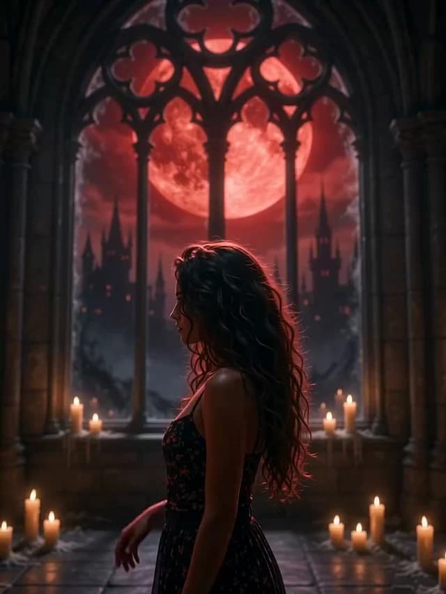 A woman facing a red full moon through a gothic window surrounded by candles.