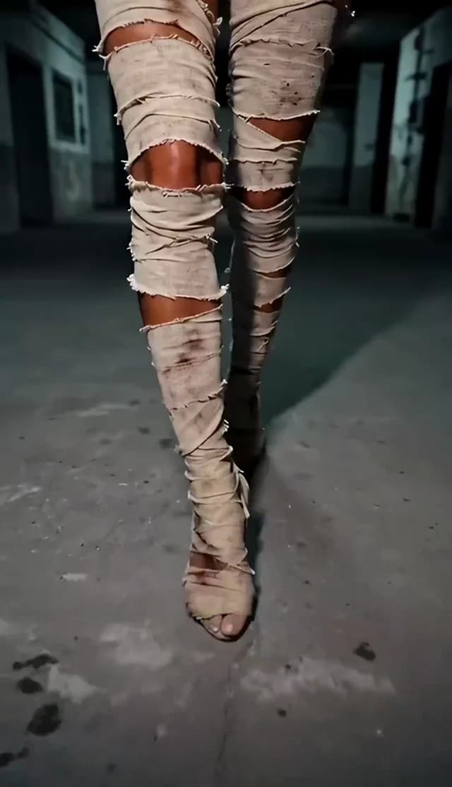 A bandaged mummy dancing in a dim, deserted interior.